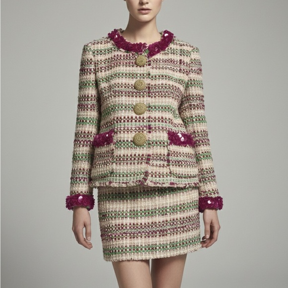 Marc Jacobs Jackets & Blazers - Vintage NWT Marc Jacobs Tweed Jacket Skirt Set Pink Green Sequin Trim Size 6